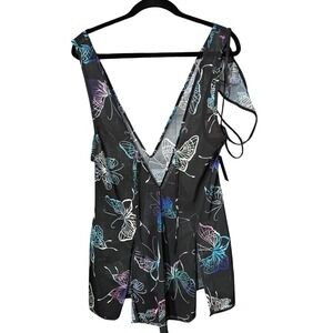 Hauty Butterfly Print Chemise Deep V-Neck Front Slits Black Multi 2 Piece Medium